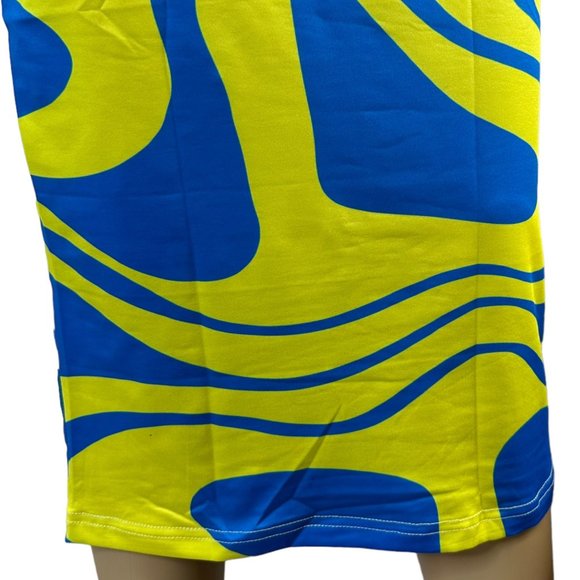 Women Bodycon Strapless Dress Large Yellow Blue Midi Stretch Backless - Picture 11 of 15